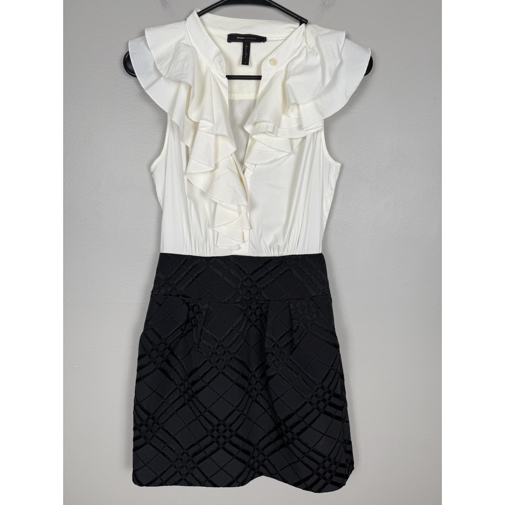 BCBGMAXAZRIA Dress 2 Black White Sleeveless Ruffle Bodice Textured‎ Skirt Career